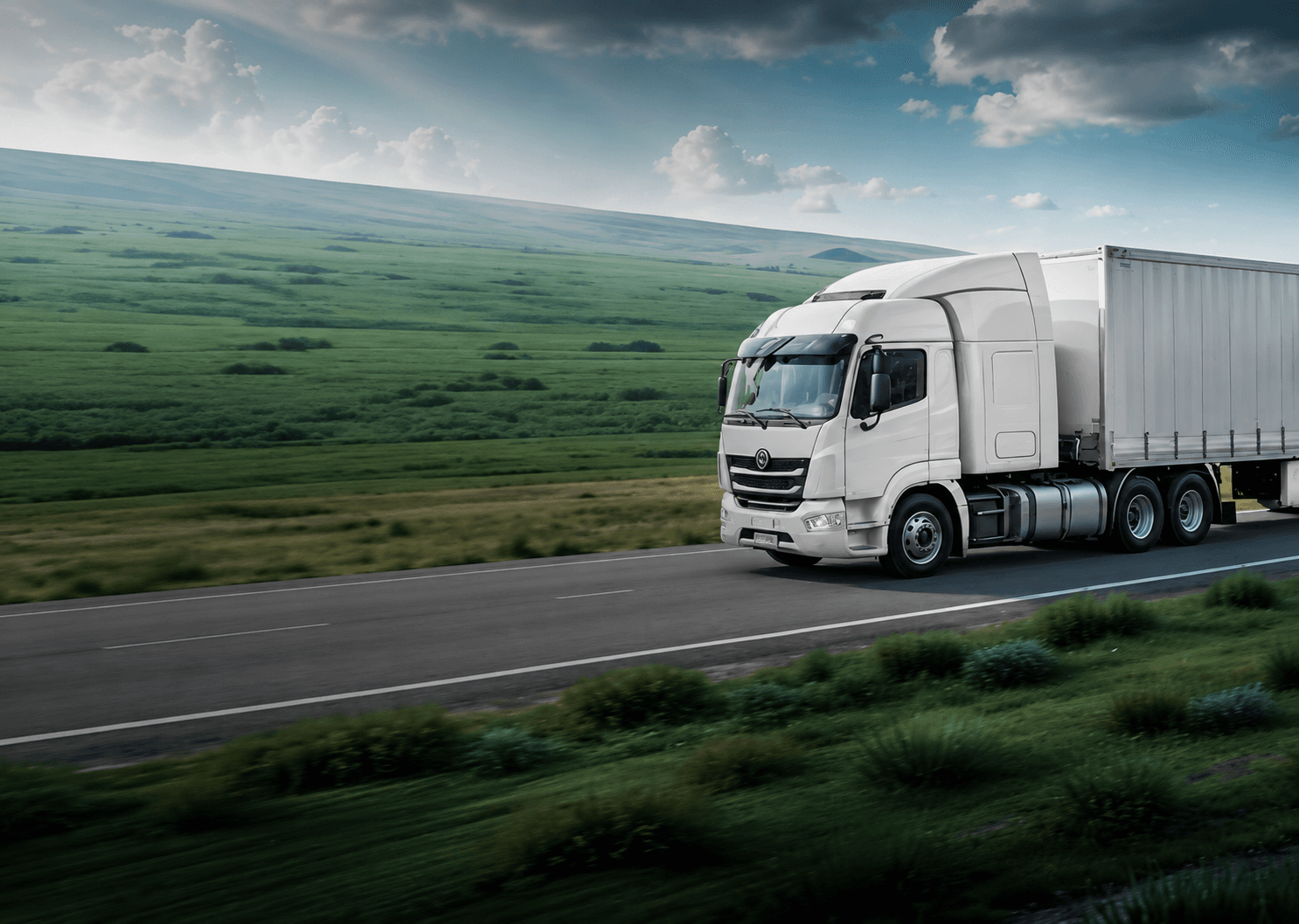 Articulated lorry hauling a trailer along a highway through open green hills